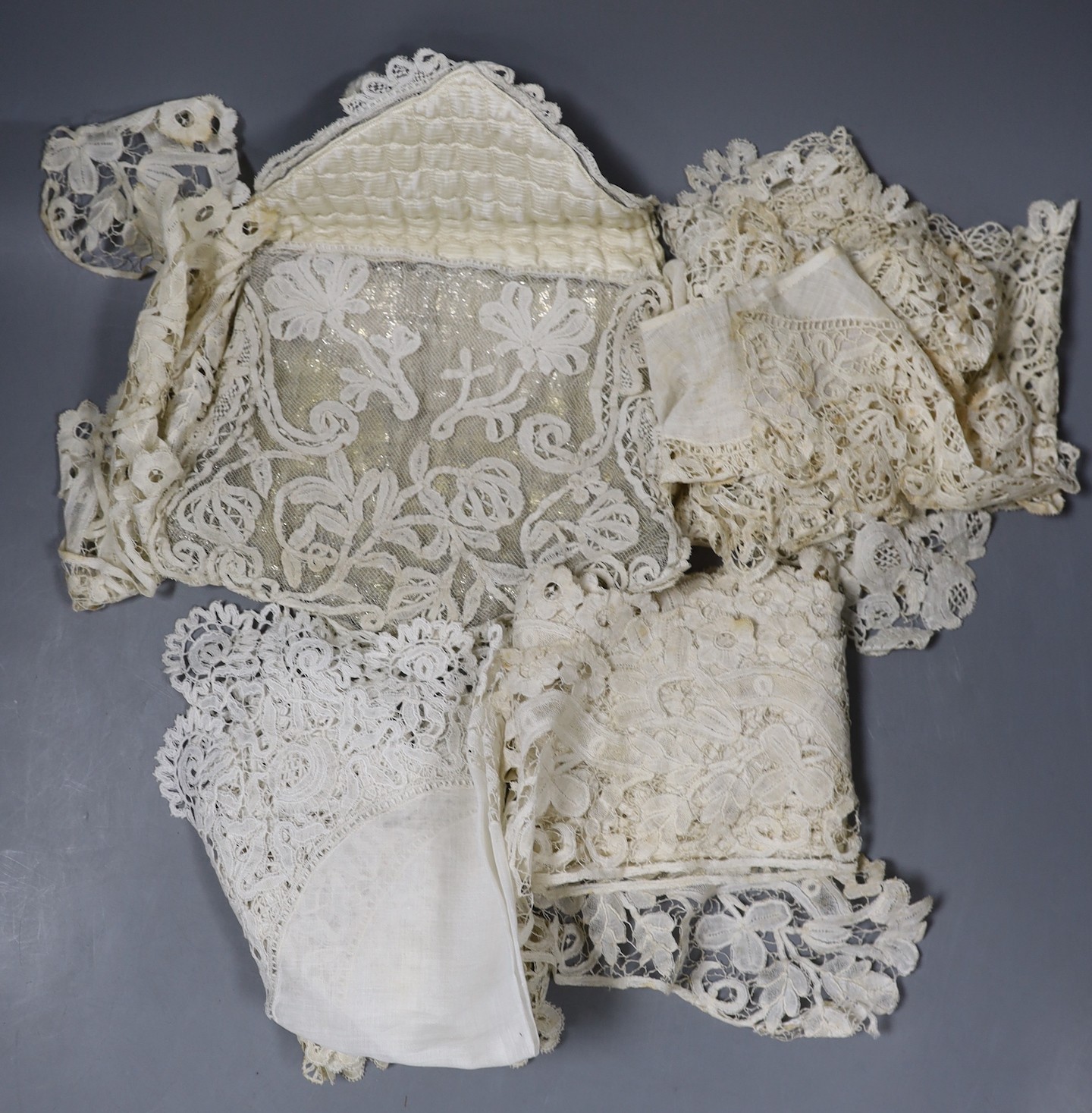 19th century Honiton lace collars, trim, hankie etc and a later Honiton and silver backed wedding bag/purse